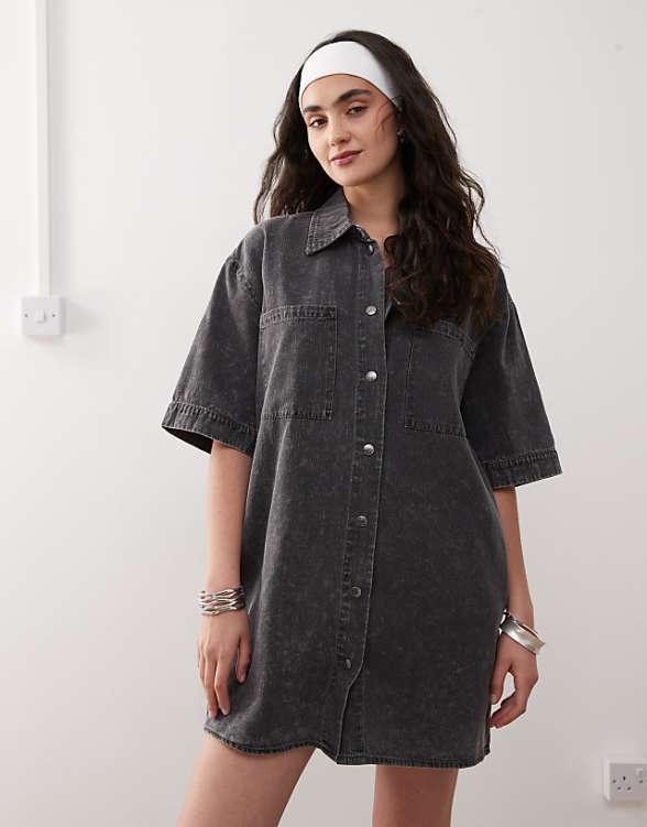Noisy May denim mini shirt dress in washed grey