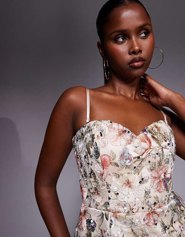 Oh Polly Strapless Floral Embroidered Mini Dress In Beige
