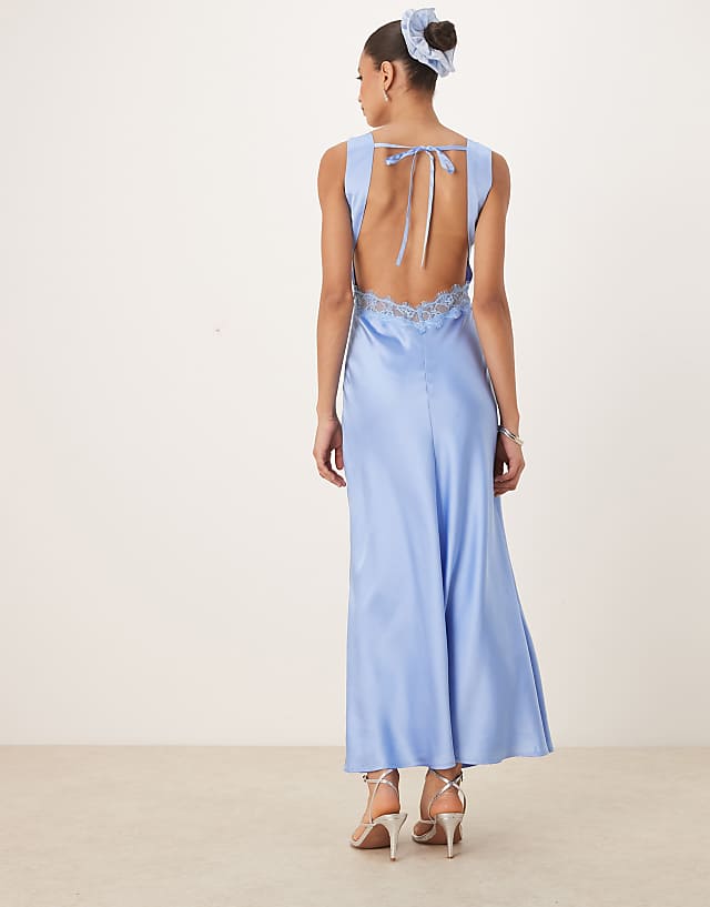 OMNES Aurelia Satin Lace Trim Maxi Dress In Blue