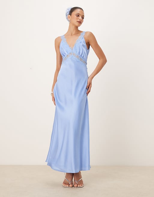 OMNES Aurelia Satin Lace Trim Maxi Dress in blue