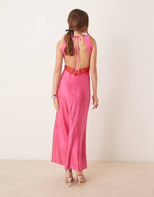OMNES Aurelia Satin Lace Trim Maxi Dress In Magenta