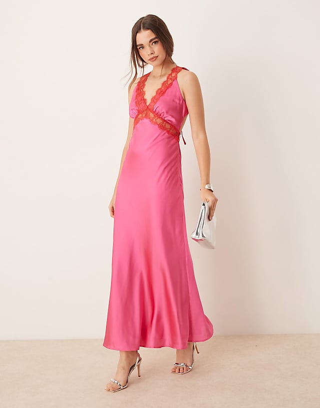OMNES Aurelia Satin Lace Trim Maxi Dress in Magenta