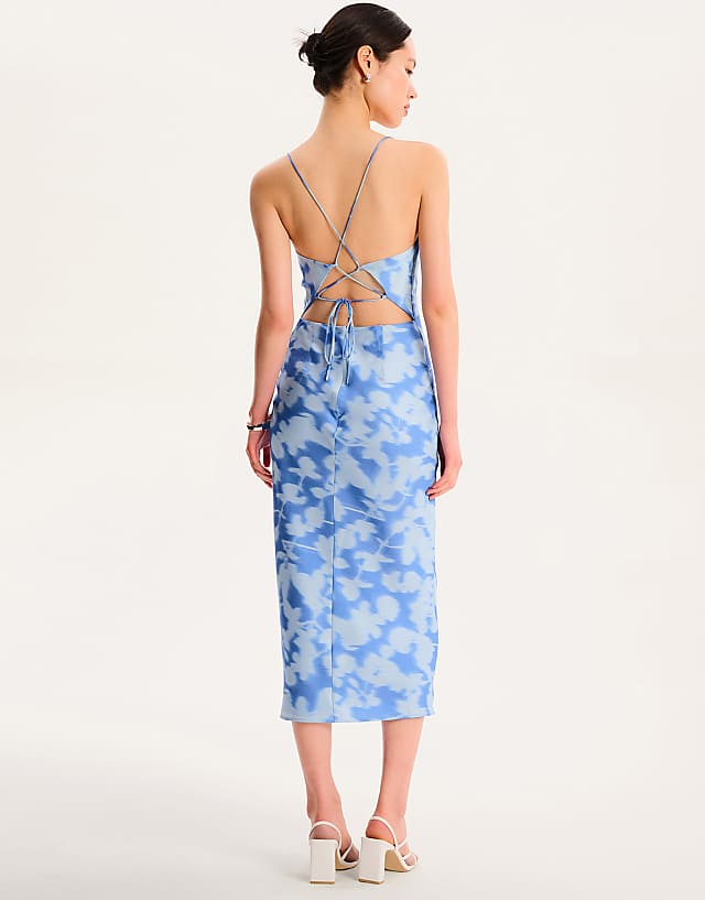 OMNES Riviera Floral Lace-up Back Midi Dress In Blue