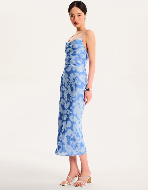 OMNES Riviera Floral Lace-up Back Midi Dress In Blue