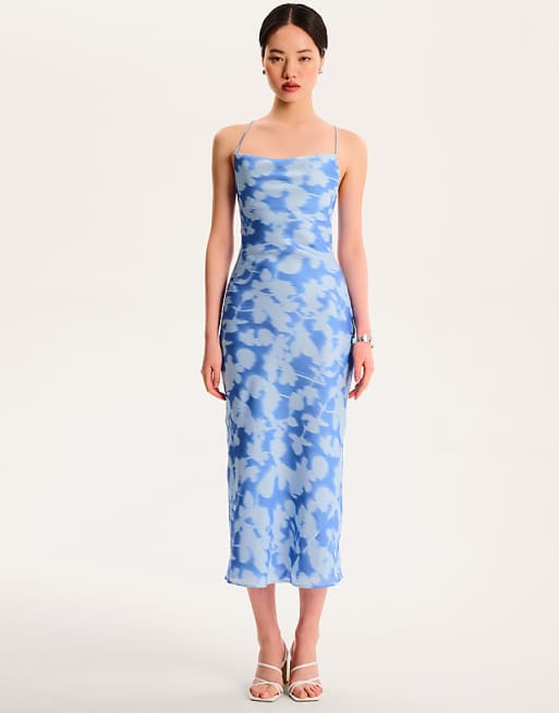 OMNES Riviera floral lace-up back midi dress in blue