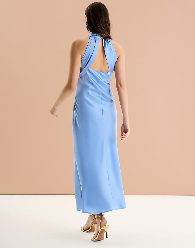 OMNES Seychelles Back Detail Satin Midi Dress In Blue