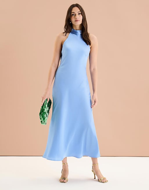 OMNES Seychelles Back Detail Satin Midi Dress In Blue