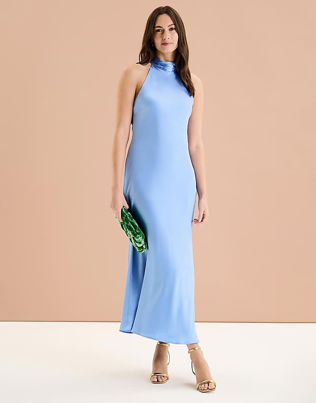OMNES Seychelles Back Detail Satin Midi Dress in blue