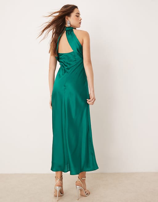 OMNES Seychelles Back Detail Satin Midi Dress In Green