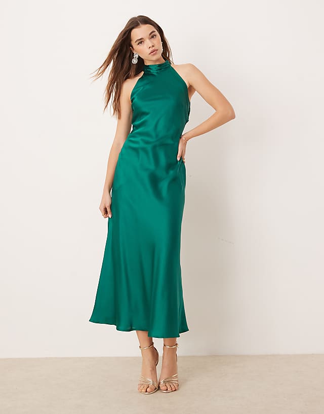 OMNES Seychelles Back Detail Satin Midi Dress In Green