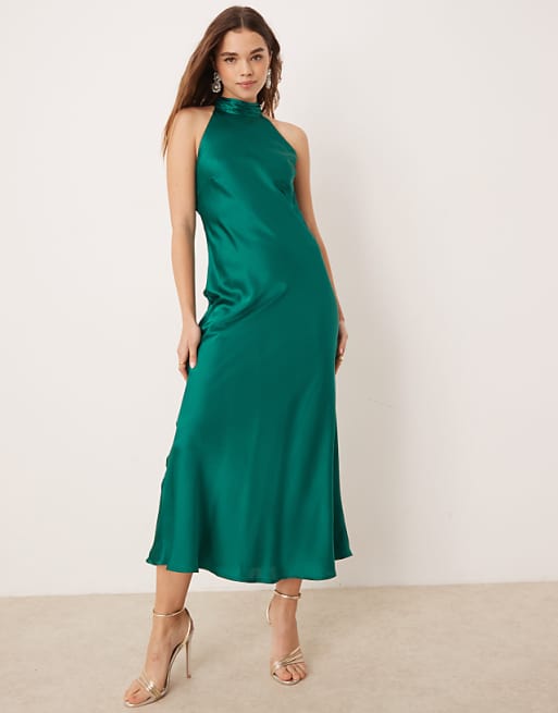 OMNES Seychelles Back Detail Satin Midi Dress In Green