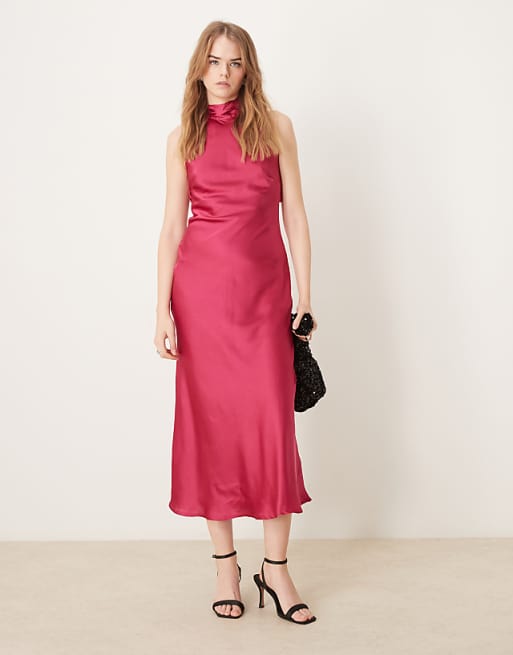 OMNES Seychelles Back Detail Satin Midi Dress In Magenta
