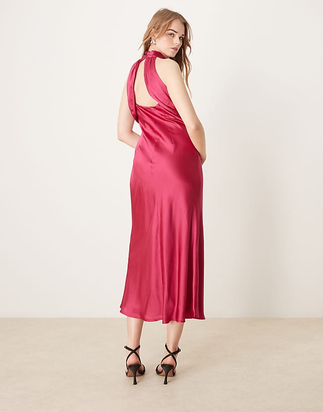 OMNES Seychelles Back Detail Satin Midi Dress In Magenta