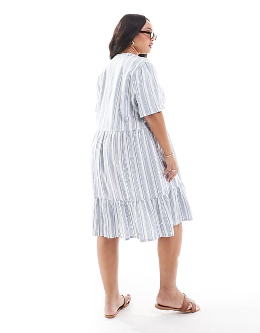 ONLY Curve Linen Mix V-neck Mini Dress In Light Blue Stripes