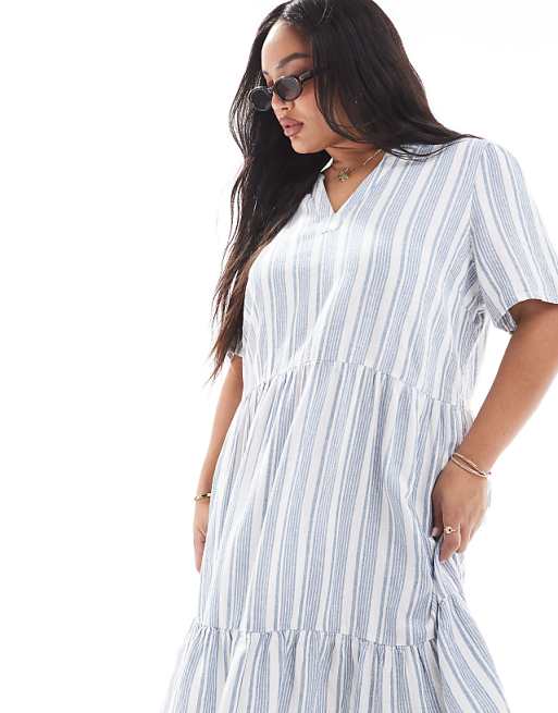 ONLY Curve Linen Mix V-neck Mini Dress In Light Blue Stripes