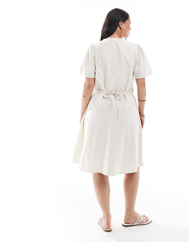 ONLY Curve Tie Detail Mini Dress With Linen In Stone