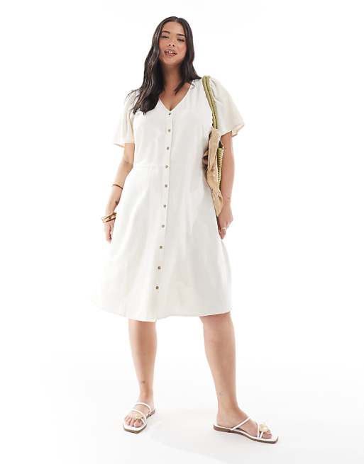 ONLY Curve Tie Detail Mini Dress With Linen In Stone