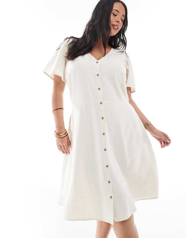 ONLY Curve tie detail mini dress with linen in stone