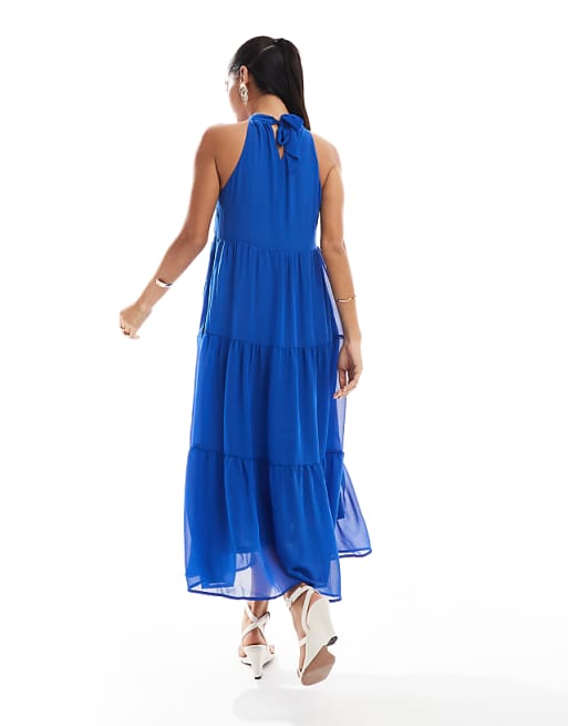 ONLY Halterneck Tiered Maxi Dress In Bright Blue
