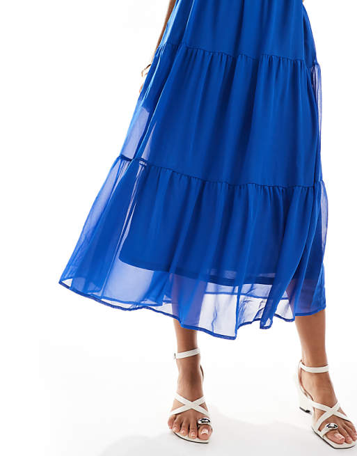 ONLY Halterneck Tiered Maxi Dress In Bright Blue