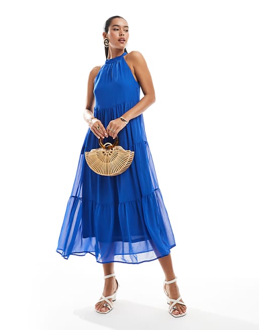 ONLY halterneck tiered maxi dress in bright blue