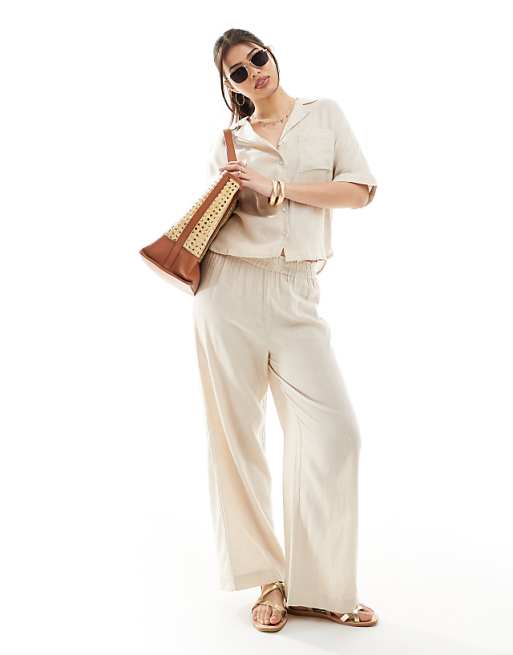 ONLY linen mix oversized shirt & trouser co-ord in beige