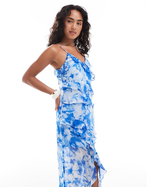 ONLY Ruffle Layer Midaxi Dress In Blue Abstract Print