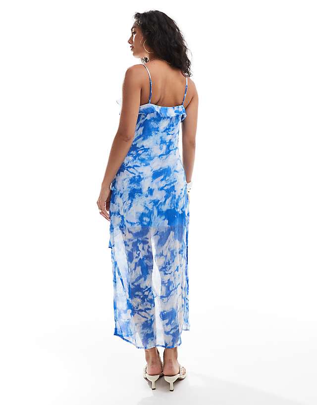 ONLY Ruffle Layer Midaxi Dress In Blue Abstract Print