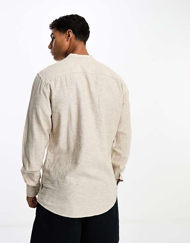 ONLY & SONS Linen Mix Grandad Collar Shirt In Beige