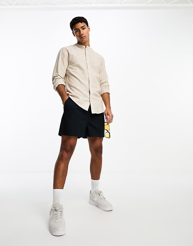 ONLY & SONS Linen Mix Grandad Collar Shirt In Beige