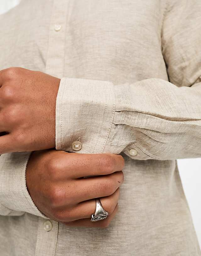 ONLY & SONS Linen Mix Grandad Collar Shirt In Beige