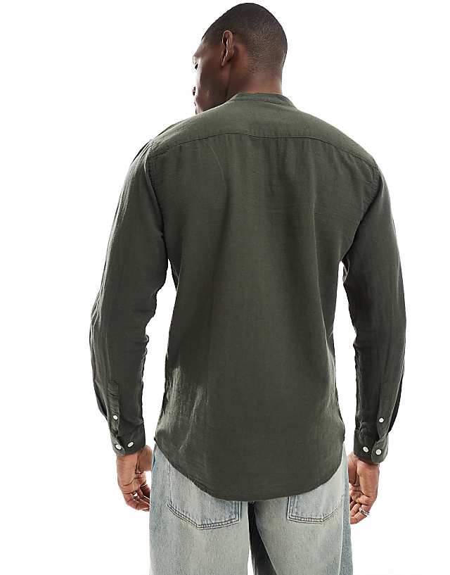 ONLY & SONS Linen Mix Grandad Collar Shirt In Khaki