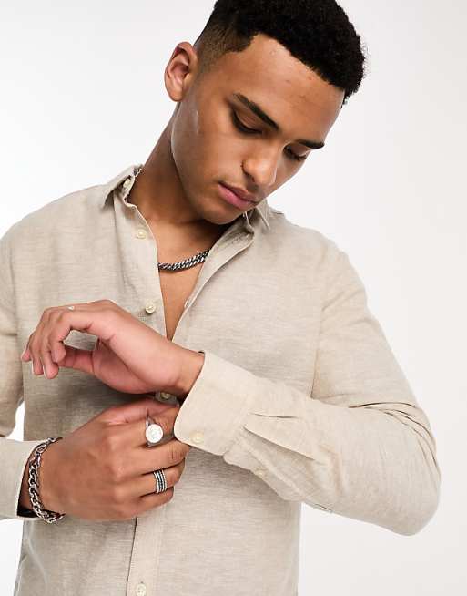 ONLY & SONS Linen Mix Long Sleeve Shirt In Beige
