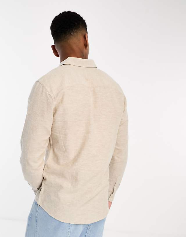 ONLY & SONS Linen Mix Long Sleeve Shirt In Beige