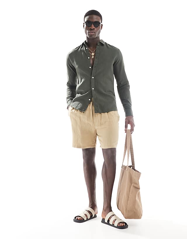 ONLY & SONS Linen Mix Long Sleeve Shirt In Dark Green