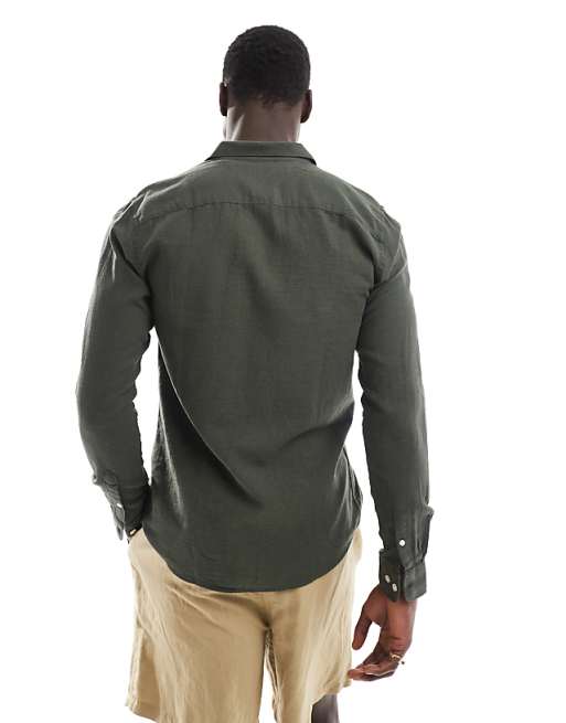 ONLY & SONS Linen Mix Long Sleeve Shirt In Dark Green