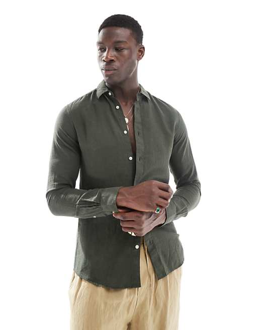 ONLY & SONS linen mix long sleeve shirt in dark green