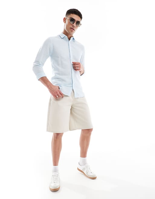 ONLY & SONS Linen Mix Long Sleeve Shirt In Light Blue