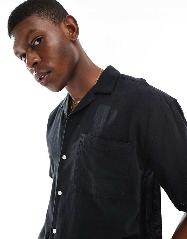 ONLY & SONS Linen Mix Relaxed Resort Shirt In Black