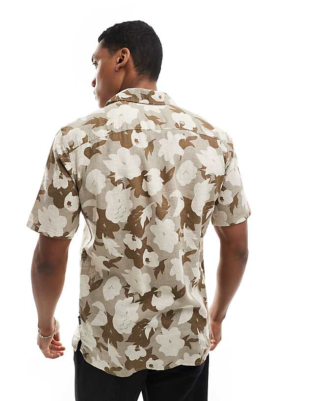 ONLY & SONS Linen Mix Revere Collar Floral Shirt In Beige