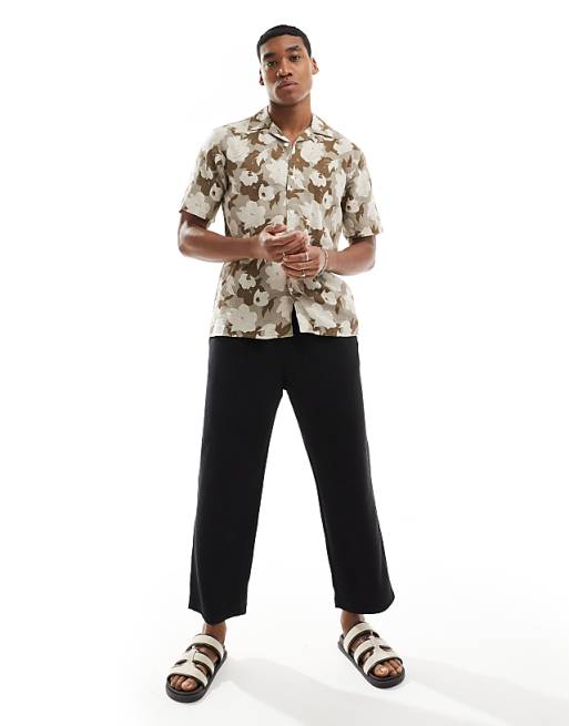 ONLY & SONS Linen Mix Revere Collar Floral Shirt In Beige