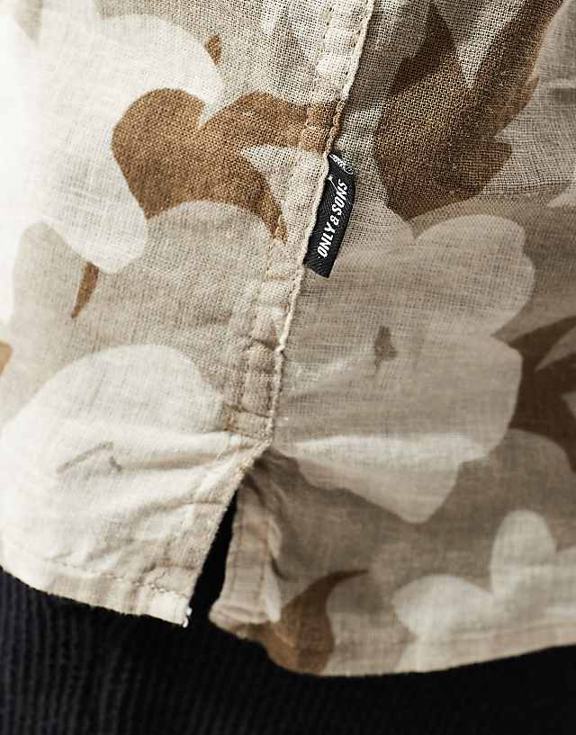 ONLY & SONS Linen Mix Revere Collar Floral Shirt In Beige