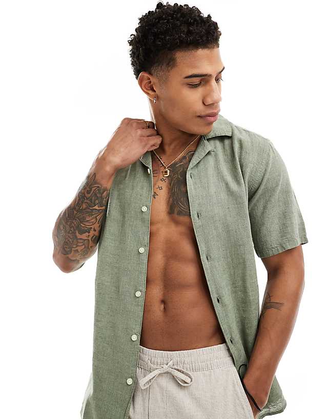 ONLY & SONS Linen Mix Revere Collar Shirt In Sage Green