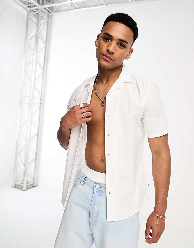ONLY & SONS linen mix revere collar shirt in white