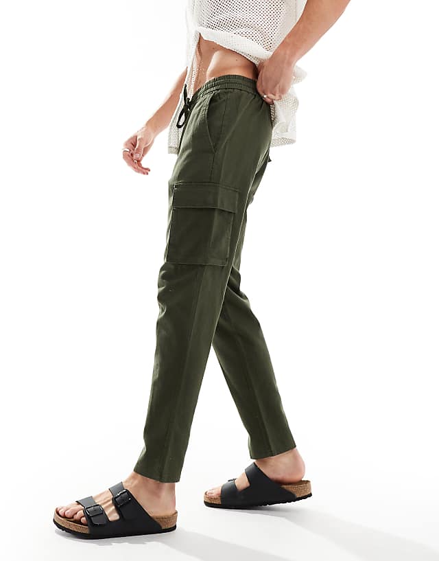 ONLY & SONS Linen Mix Tapered Fit Cargo In Khaki