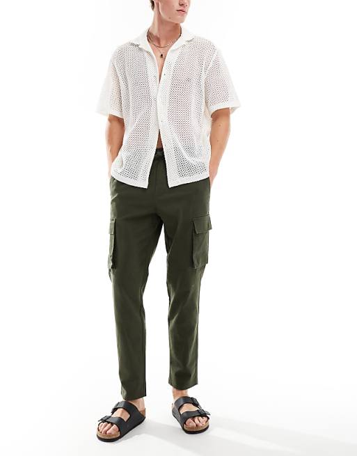 ONLY & SONS Linen Mix Tapered Fit Cargo In Khaki