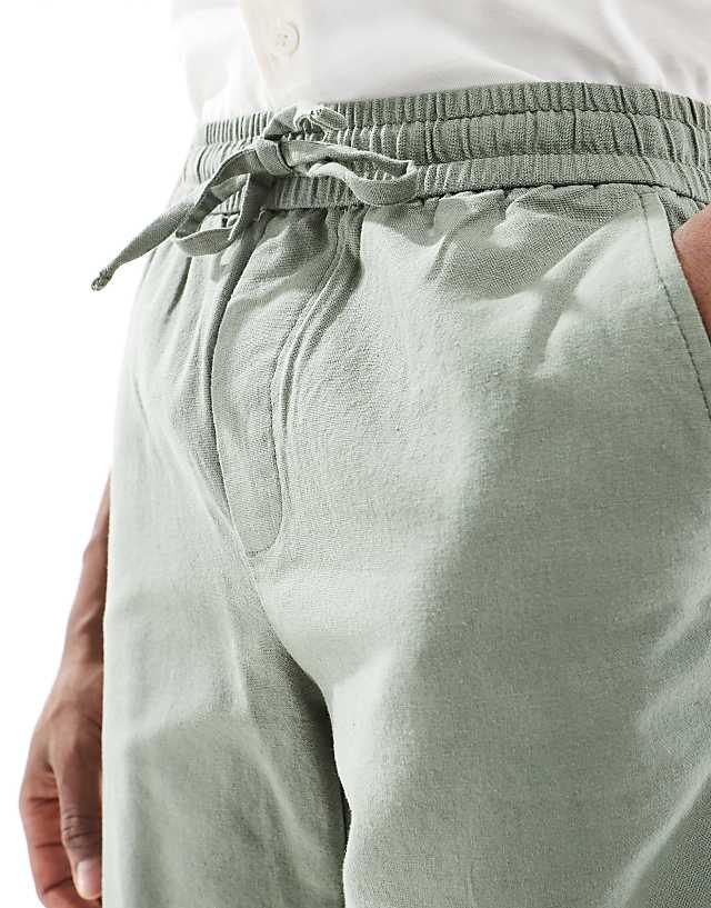 ONLY & SONS Linen Mix Tie Waist Shorts Dark Sage