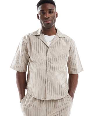 ONLY & SONS Loose Linen Fit Co-ord In Beige Pinstripe