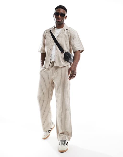 ONLY & SONS loose linen fit co-ord in beige pinstripe