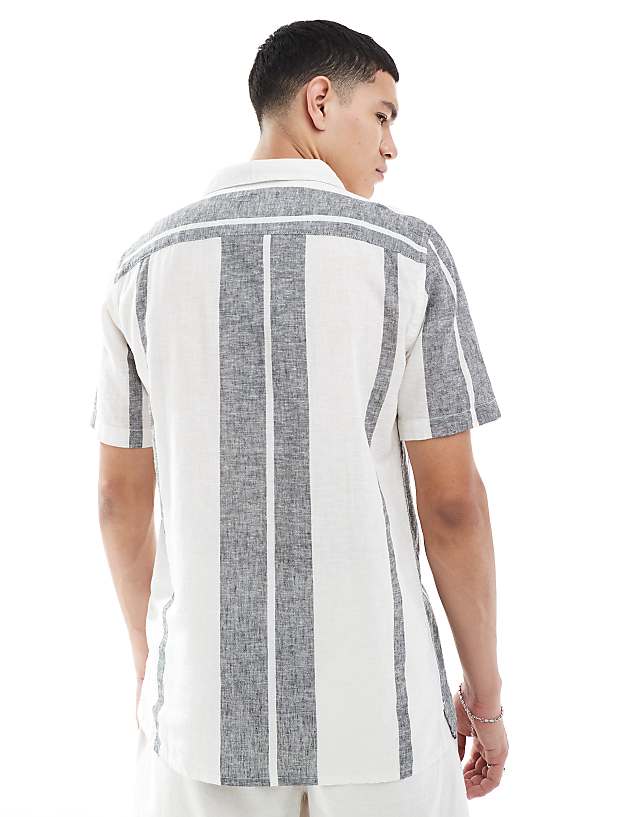 ONLY & SONS Revere Collar Linen Mix Shirt In Navy Stripe